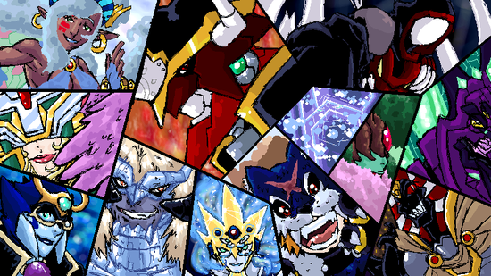 From top left to right: Favonimon, Plutonemon, Sirenmon, CaptainGreymon, Glaidramon, Stellarmon, Shiryoumon, Primusmon, Titanmon, Kintaromon, Hi-SpecKuwagamon, and Nyarlathmon.